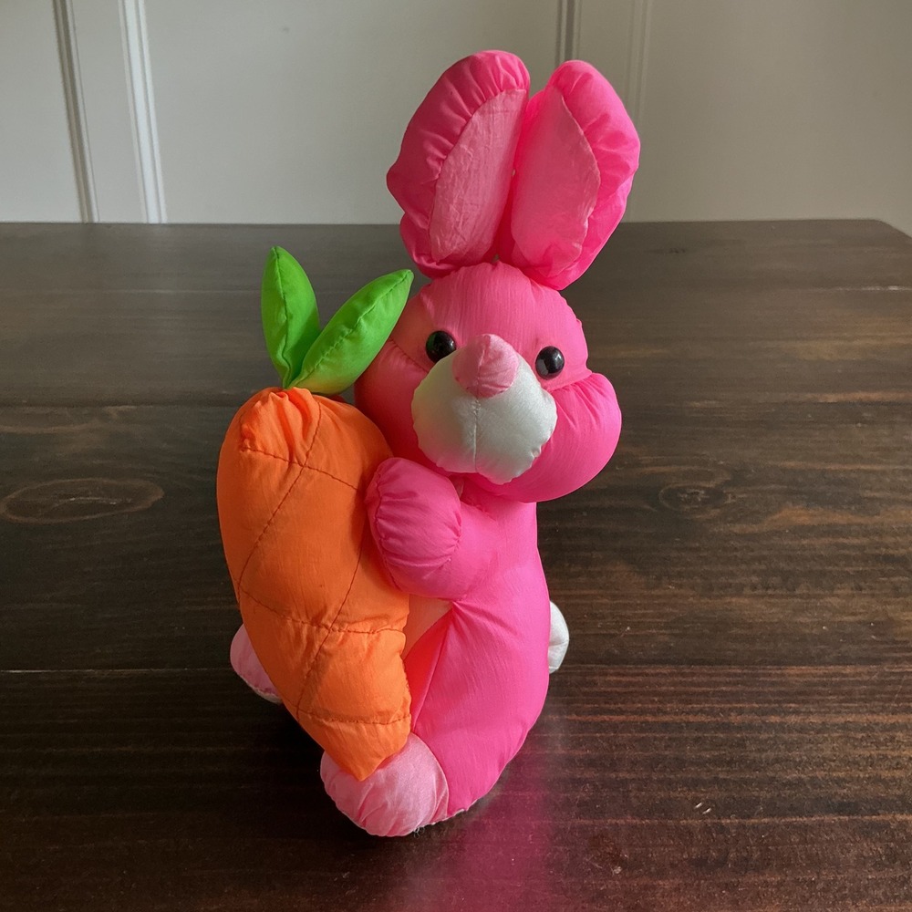 Vintage Dandee Pink Puffalump Style Bunny Rabbit Nylon Plush Carrot Easter 10"